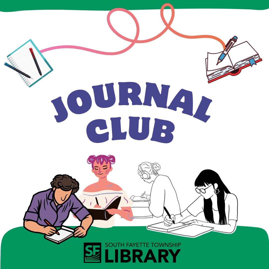 an illustration of 4 teenagers at a table. They each have a journal in their hands and are writing in them.  One has headphones on. Above them is a design of 2 journal connected by a squiggly line with the words Journal Club below it.. 