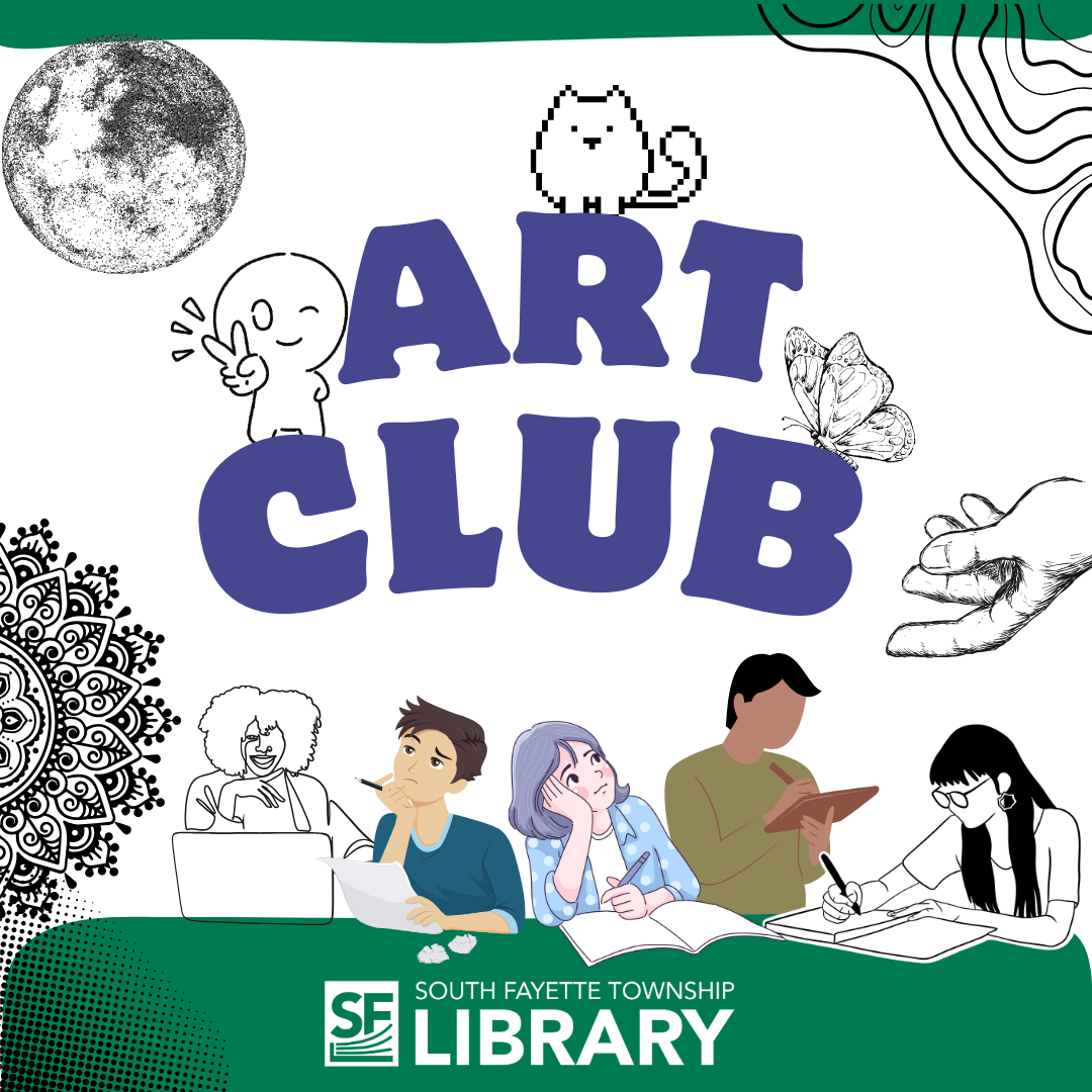 a group of 5 teens are at a table with notebooks and tablets. Above their heads are the words art club with different black and white sketches. designs and illustrations floating around the words.