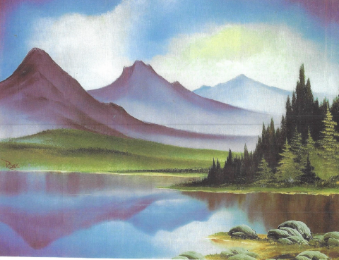 Picture of Bob Ross painting of mountains and a lake.