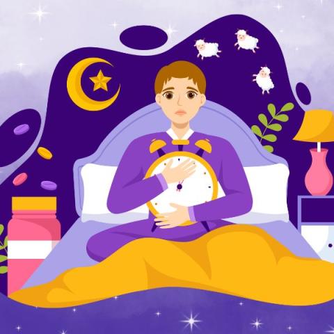 Graphic of person struggling to sleep surrounded by common remedies.