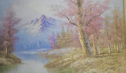 Picture of a stream and some trees with a mountain in the background
